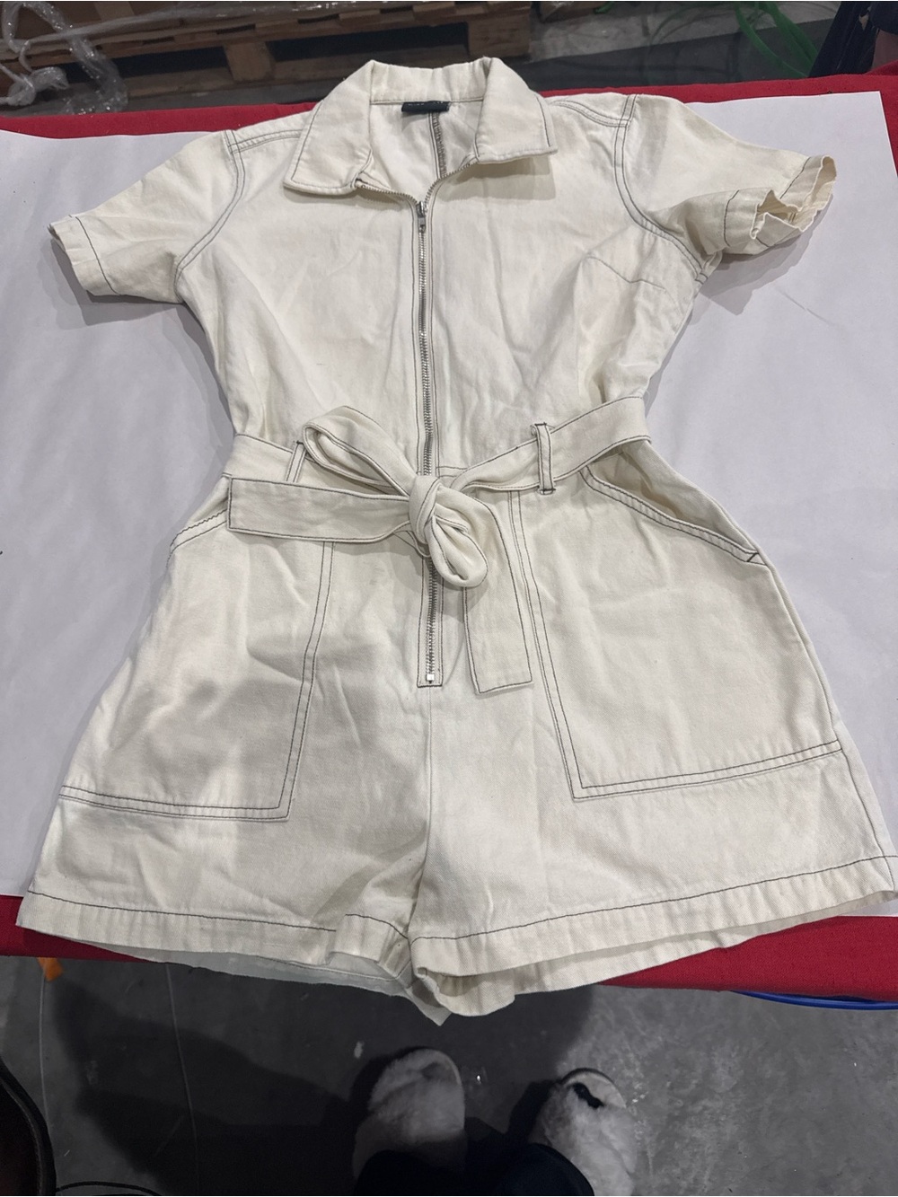 Women’s Cream Utility Romper with Self-Tie Belt